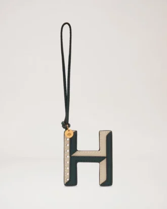 Bi-Colour Leather Keyring- H Mulberry Green & Chalk Silky Calf