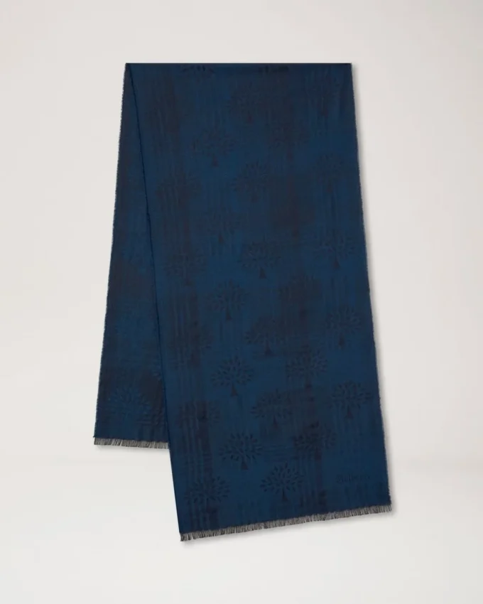 Check & Tree Rectangular Scarf Night Sky Wool Blend