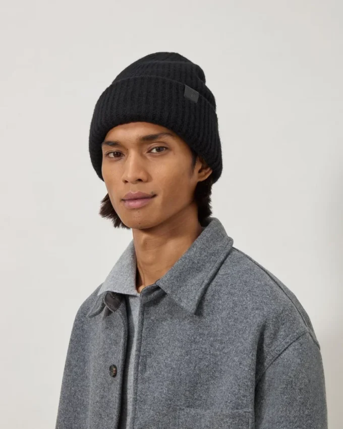 Chunky Ribbed Beanie Black Lambswool Men
