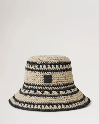 Crochet Bucket Hat Beige & Black Paper Raffia Men Crochet Bucket Hat Beige & Black Paper Raffia Men