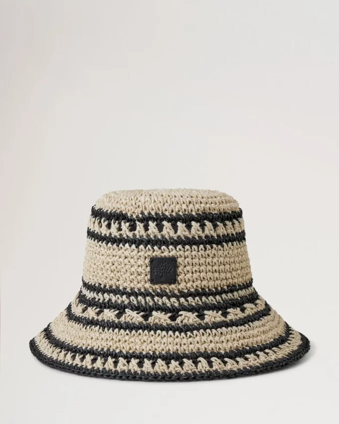 Crochet Bucket Hat Beige & Black Paper Raffia Men Crochet Bucket Hat Beige & Black Paper Raffia Men