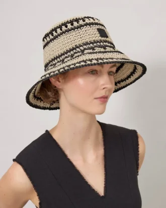 Crochet Bucket Hat Beige & Black Paper Raffia Men Crochet Bucket Hat Beige & Black Paper Raffia Men