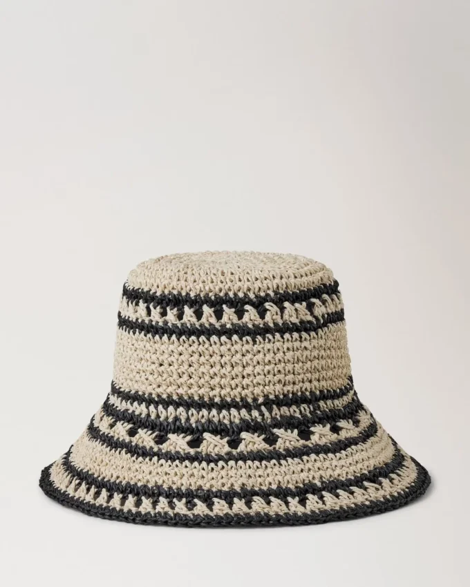 Crochet Bucket Hat Beige & Black Paper Raffia Men Crochet Bucket Hat Beige & Black Paper Raffia Men