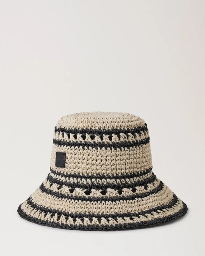 Crochet Bucket Hat Beige & Black Paper Raffia Men Crochet Bucket Hat Beige & Black Paper Raffia Men