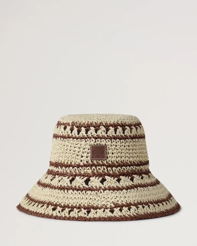 Crochet Bucket Hat Beige & Oak Paper Raffia Men Crochet Bucket Hat Beige & Oak Paper Raffia Men
