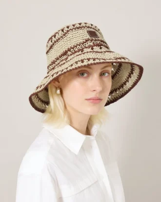 Crochet Bucket Hat Beige & Oak Paper Raffia Men Crochet Bucket Hat Beige & Oak Paper Raffia Men