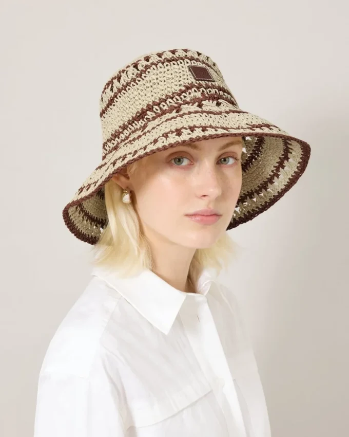 Crochet Bucket Hat Beige & Oak Paper Raffia Men Crochet Bucket Hat Beige & Oak Paper Raffia Men