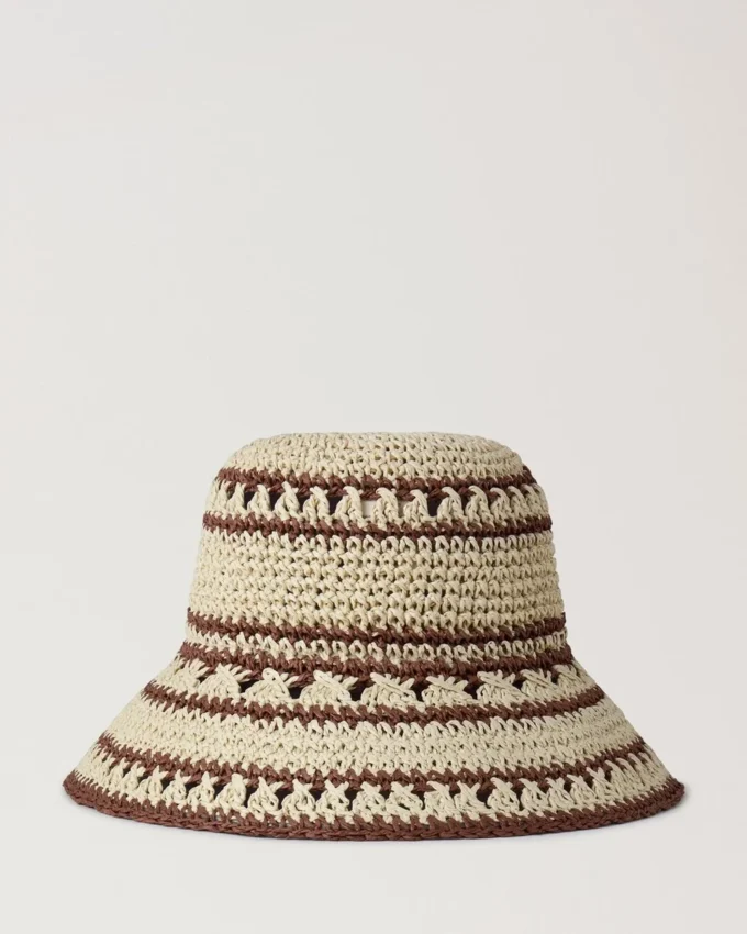 Crochet Bucket Hat Beige & Oak Paper Raffia Men Crochet Bucket Hat Beige & Oak Paper Raffia Men