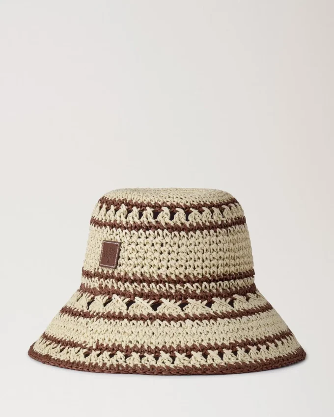 Crochet Bucket Hat Beige & Oak Paper Raffia Men Crochet Bucket Hat Beige & Oak Paper Raffia Men