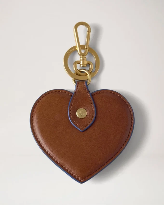 Heart Keyring Oak & Pigment Blue Smooth Glossy Leather