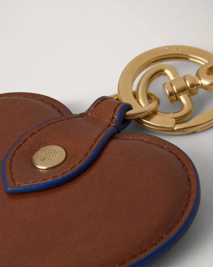 Heart Keyring Oak & Pigment Blue Smooth Glossy Leather