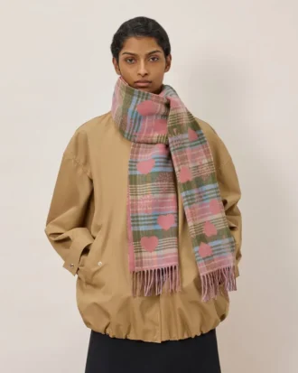 Heritage Check & Heart Scarf Moss & Pink Scrumpy Merino Wool
