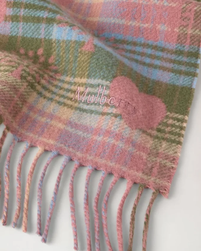 Heritage Check & Heart Scarf Moss & Pink Scrumpy Merino Wool