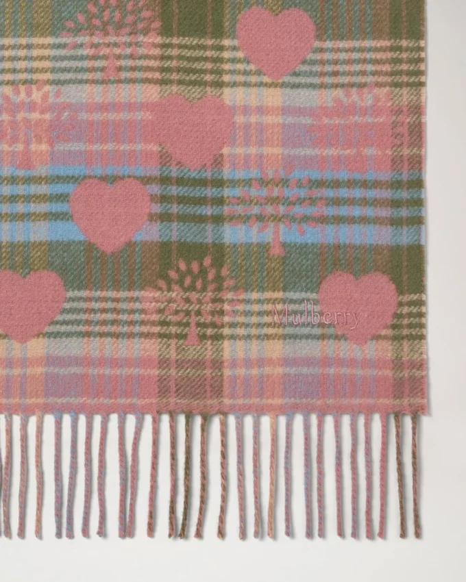 Heritage Check & Heart Scarf Moss & Pink Scrumpy Merino Wool