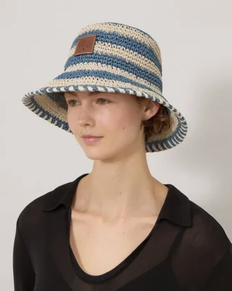 Horizontal Striped Bucket Hat Brighton Blue Paper Raffia