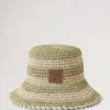 Horizontal Striped Bucket Hat Linen Green Paper Raffia