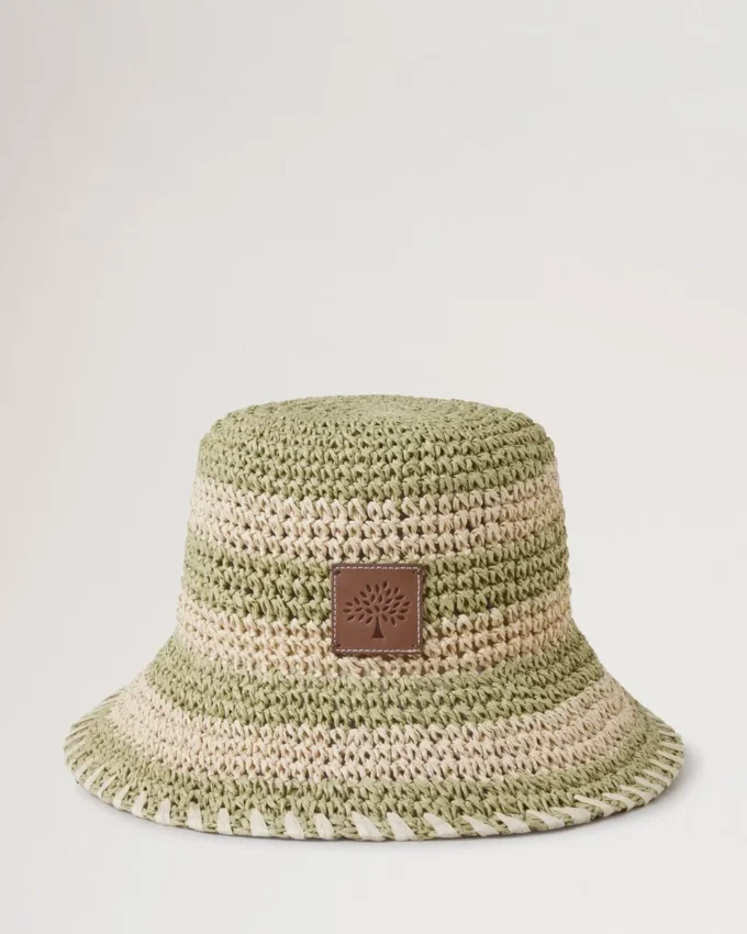 Horizontal Striped Bucket Hat Linen Green Paper Raffia