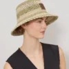 Horizontal Striped Bucket Hat Linen Green Paper Raffia