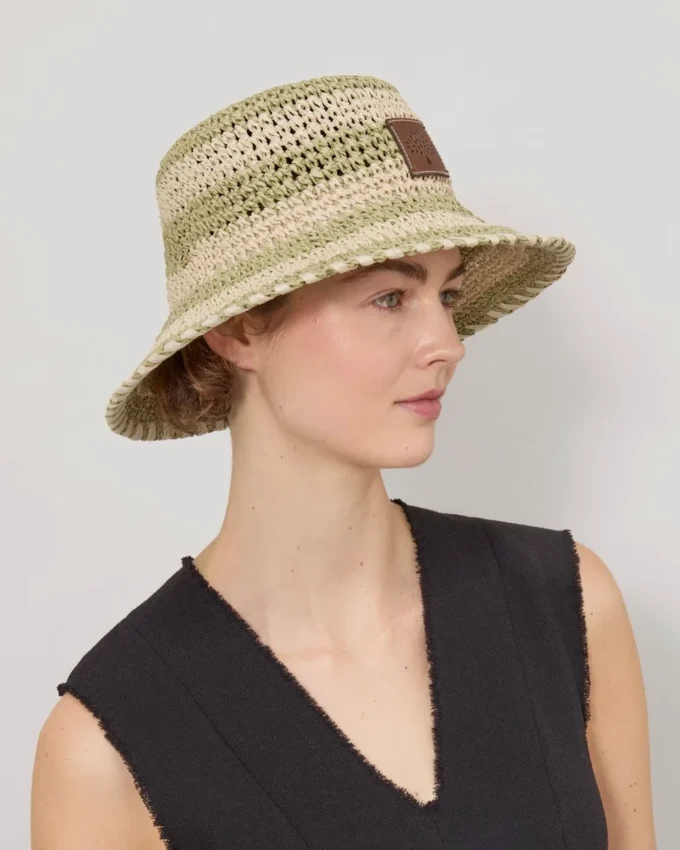 Horizontal Striped Bucket Hat Linen Green Paper Raffia