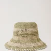 Horizontal Striped Bucket Hat Linen Green Paper Raffia