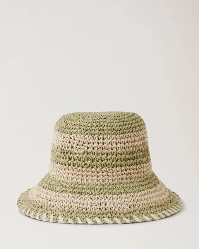 Horizontal Striped Bucket Hat Linen Green Paper Raffia