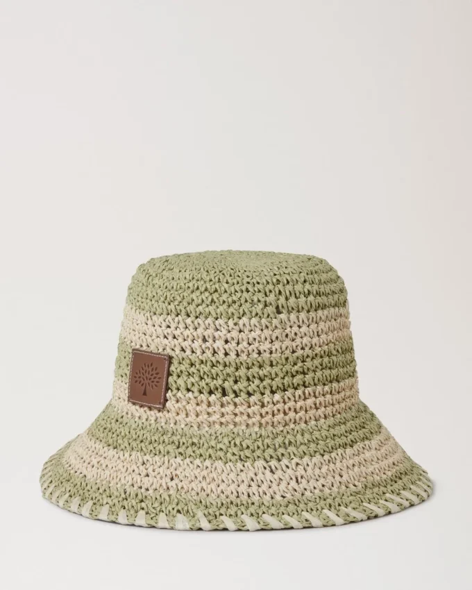 Horizontal Striped Bucket Hat Linen Green Paper Raffia