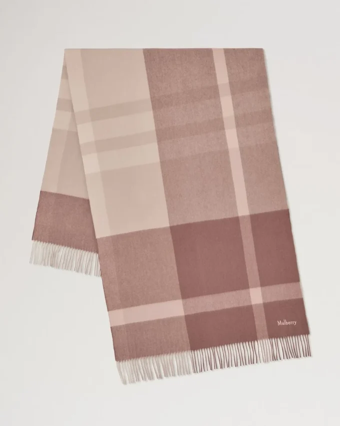 Large Check Merino Wool Scarf Autumn Rose & Powder Rose Merino Wool