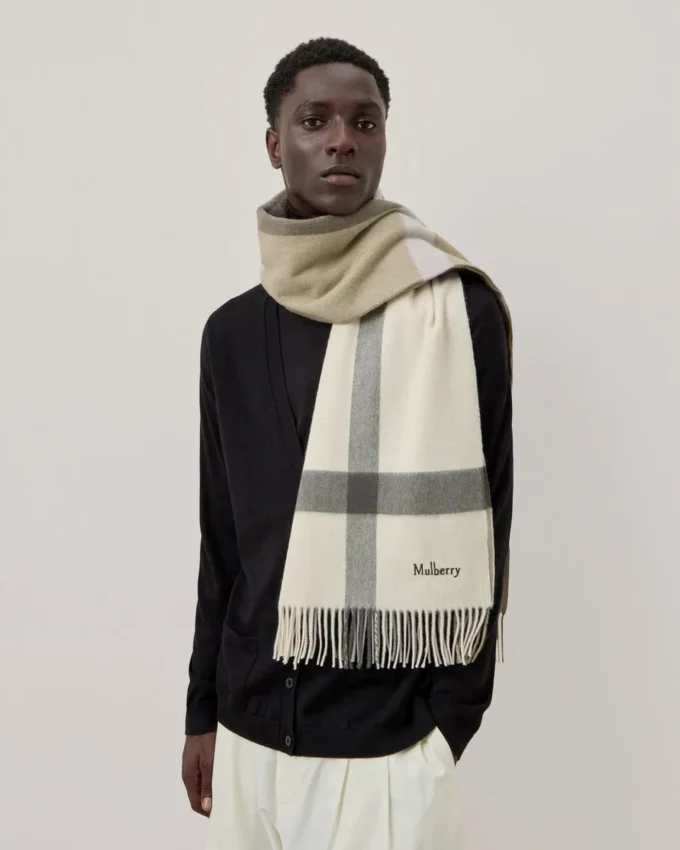 Large Check Merino Wool Scarf Eggshell & Olive Merino Wool Large Check Merino Wool Scarf Eggshell & Olive Merino Wool