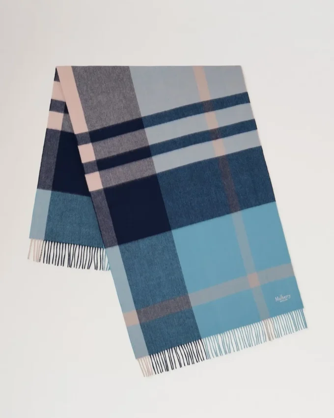 Large Check Merino Wool Scarf Kingfisher Blue & Powder Rose Merino Wool