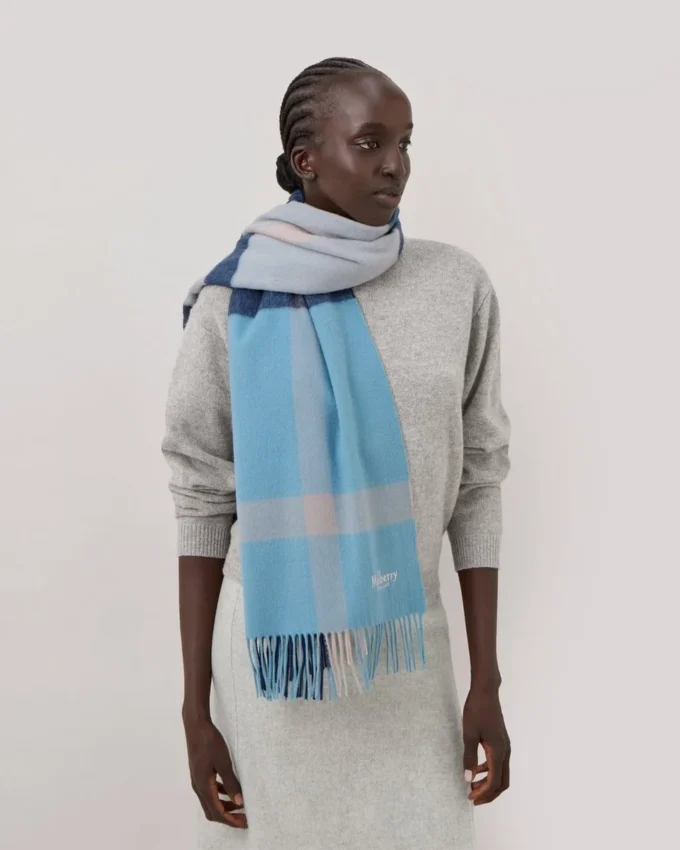 Large Check Merino Wool Scarf Kingfisher Blue & Powder Rose Merino Wool