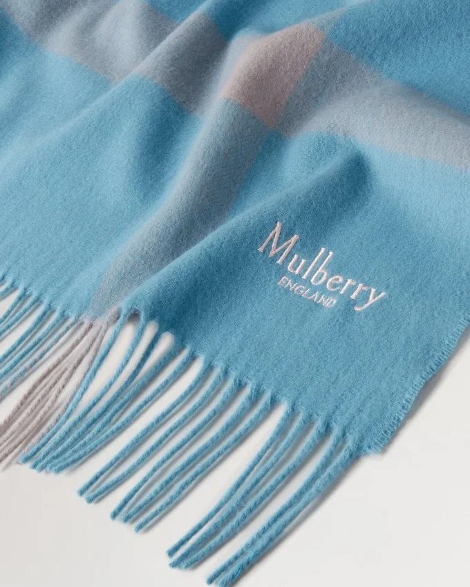 Large Check Merino Wool Scarf Kingfisher Blue & Powder Rose Merino Wool
