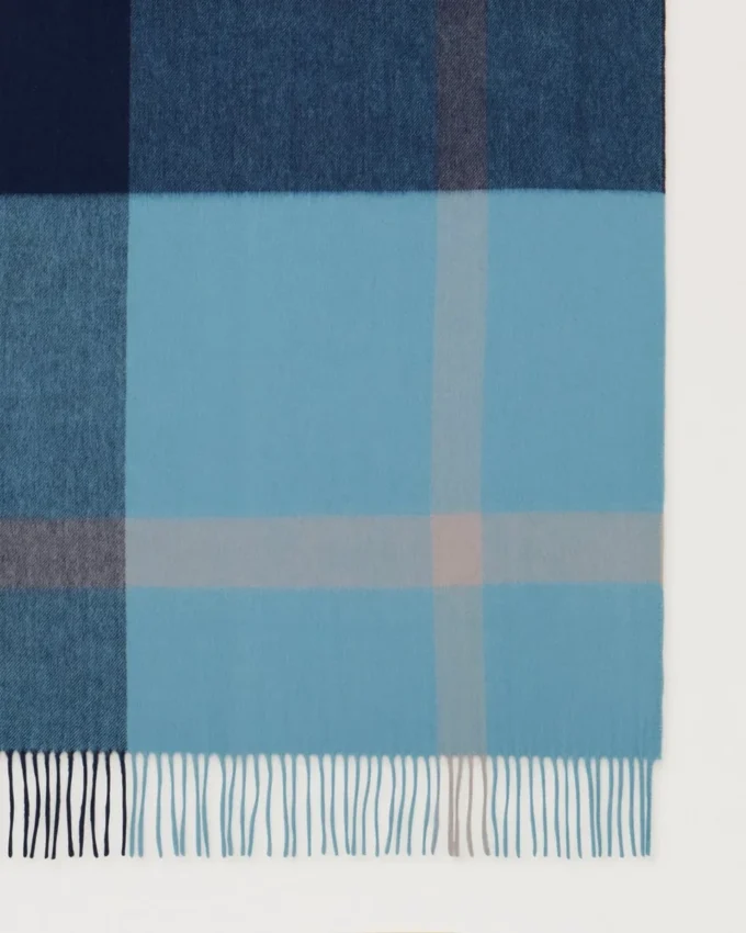 Large Check Merino Wool Scarf Kingfisher Blue & Powder Rose Merino Wool