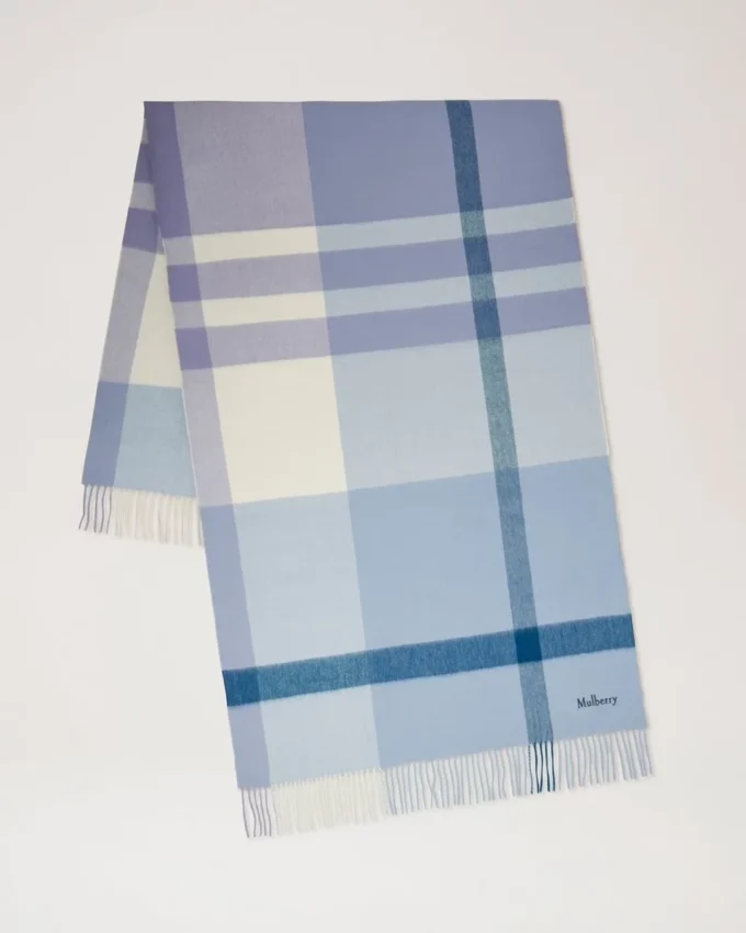 Large Check Merino Wool Scarf Poplin Blue & White Merino Wool Large Check Merino Wool Scarf Poplin Blue & White Merino Wool