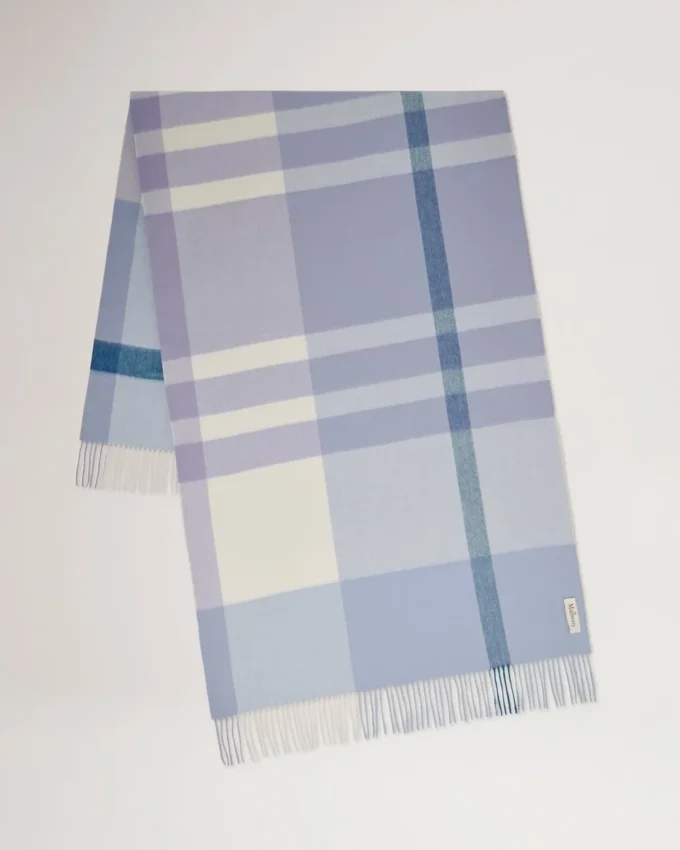 Large Check Merino Wool Scarf Poplin Blue & White Merino Wool Large Check Merino Wool Scarf Poplin Blue & White Merino Wool