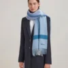 Large Check Merino Wool Scarf Poplin Blue & White Merino Wool Large Check Merino Wool Scarf Poplin Blue & White Merino Wool