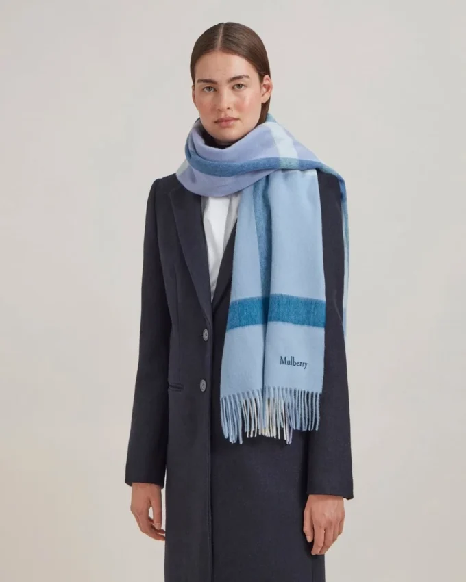 Large Check Merino Wool Scarf Poplin Blue & White Merino Wool Large Check Merino Wool Scarf Poplin Blue & White Merino Wool