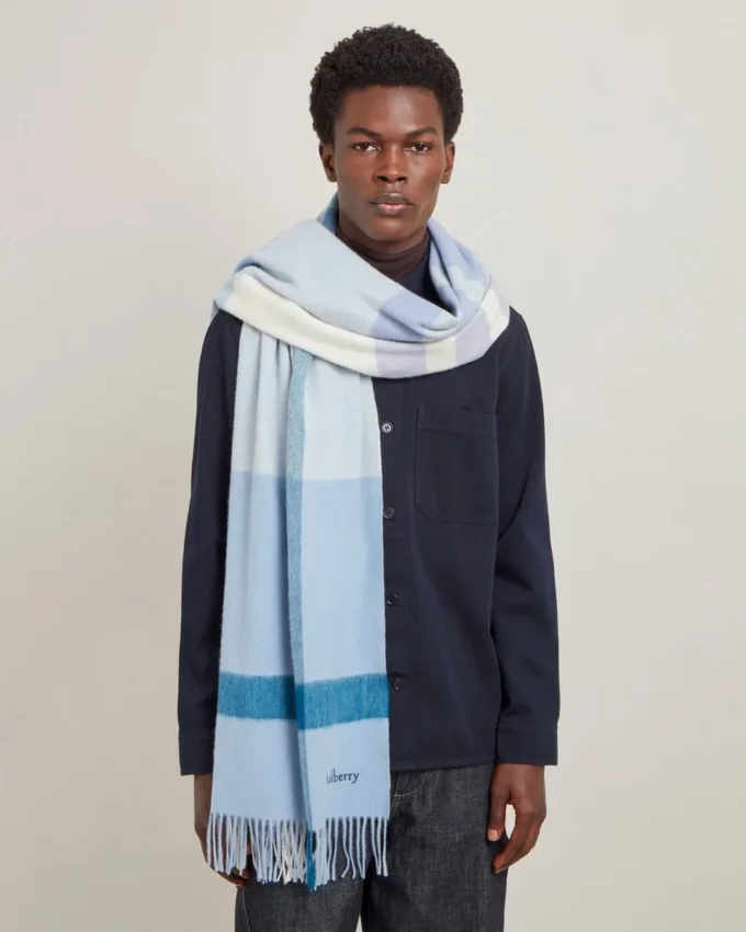 Large Check Merino Wool Scarf Poplin Blue & White Merino Wool Large Check Merino Wool Scarf Poplin Blue & White Merino Wool
