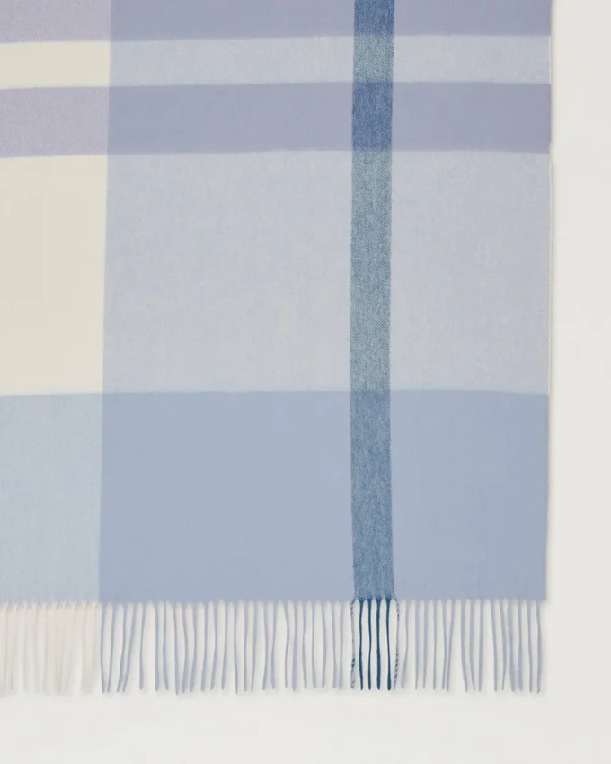 Large Check Merino Wool Scarf Poplin Blue & White Merino Wool Large Check Merino Wool Scarf Poplin Blue & White Merino Wool