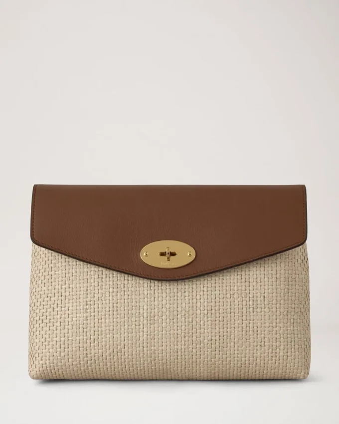 Large Darley Cosmetic Pouch Ecru & Bright Oak Raffia & Leather Trim