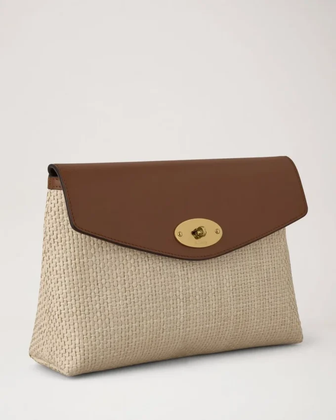 Large Darley Cosmetic Pouch Ecru & Bright Oak Raffia & Leather Trim