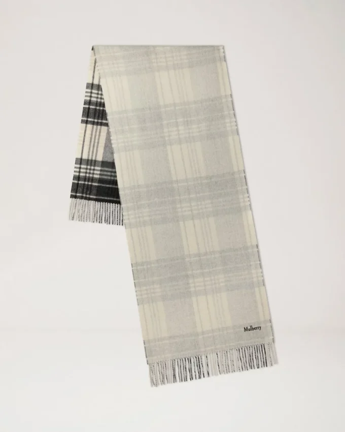 Large Reversible Heritage Check Scarf Eggshell & Black Merino Wool