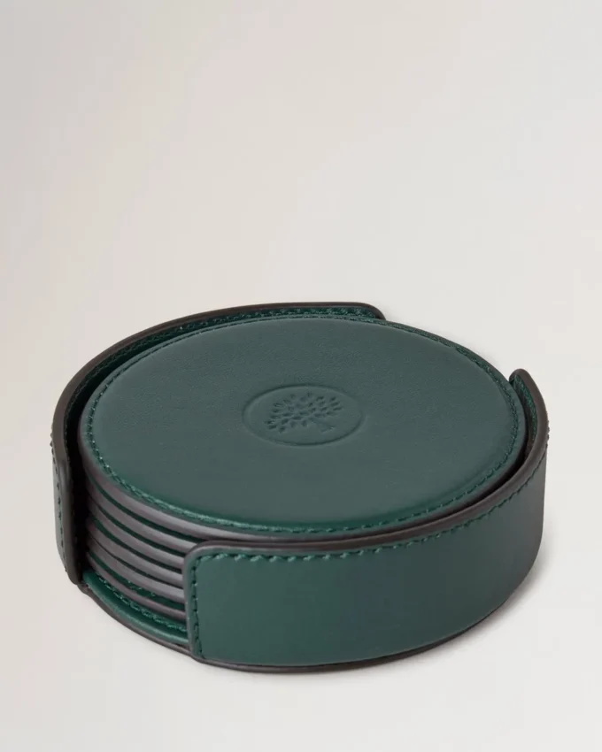Leather Coaster Set Mulberry Green Calf Leather Leather Coaster Set Mulberry Green Calf Leather