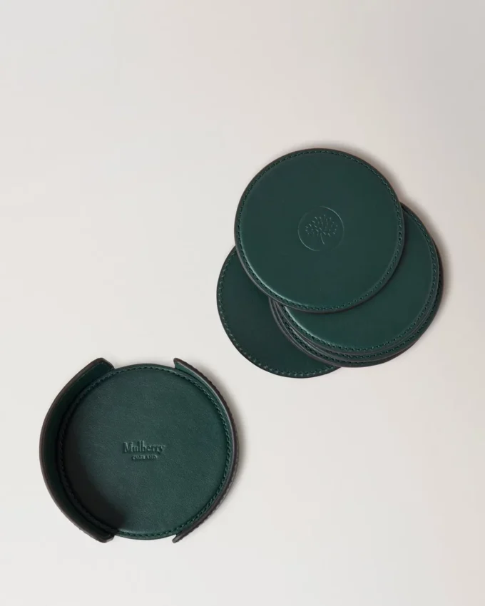 Leather Coaster Set Mulberry Green Calf Leather Leather Coaster Set Mulberry Green Calf Leather