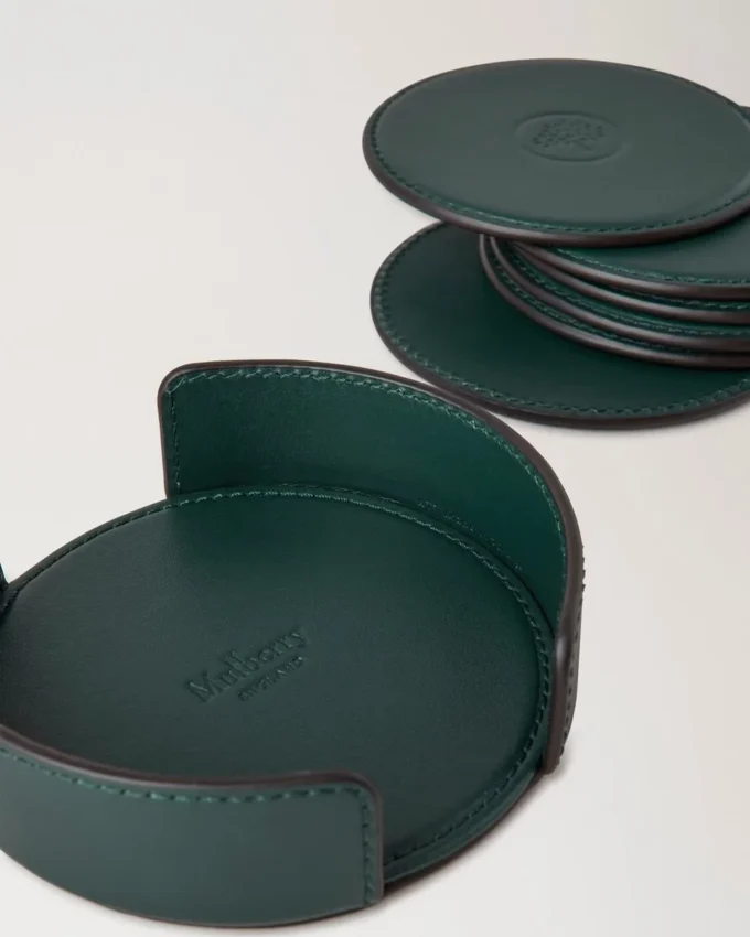 Leather Coaster Set Mulberry Green Calf Leather Leather Coaster Set Mulberry Green Calf Leather