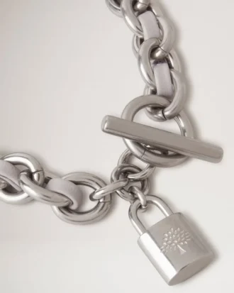 Lily Leather Chain Bracelet Medium Pale Grey Silky Calf & Silver Plated Stainless Steel