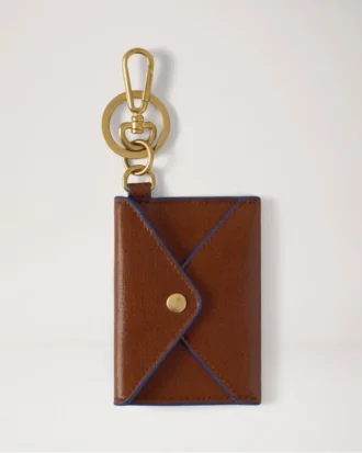 Love Letter Card Slip Keyring Oak & Pigment Blue Smooth Glossy Leather
