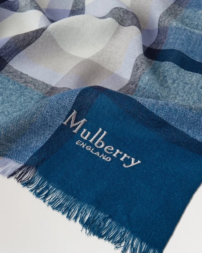 Mega Check Scarf Poplin Blue & Ecru Cashmere Blend