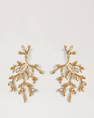 Mulberry Leaf Long Earrings Gold Mixed Material