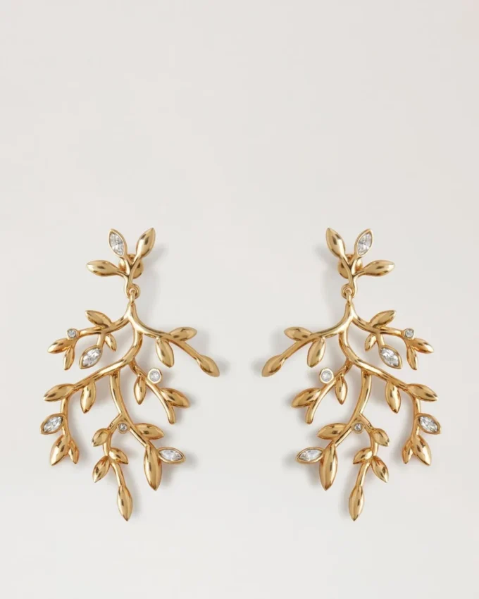 Mulberry Leaf Long Earrings Gold Mixed Material