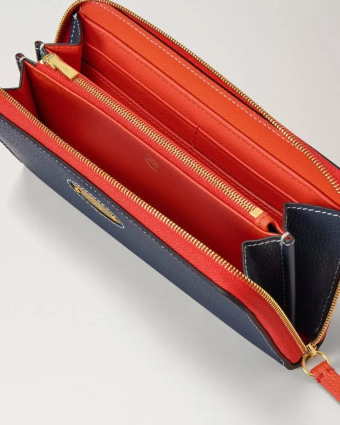 Mulberry Plaque 8 Credit Card Zip Purse Night Sky & Coral Orange Small Classic Grain Mulberry Plaque 8 Credit Card Zip Purse Night Sky & Coral Orange Small Classic Grain